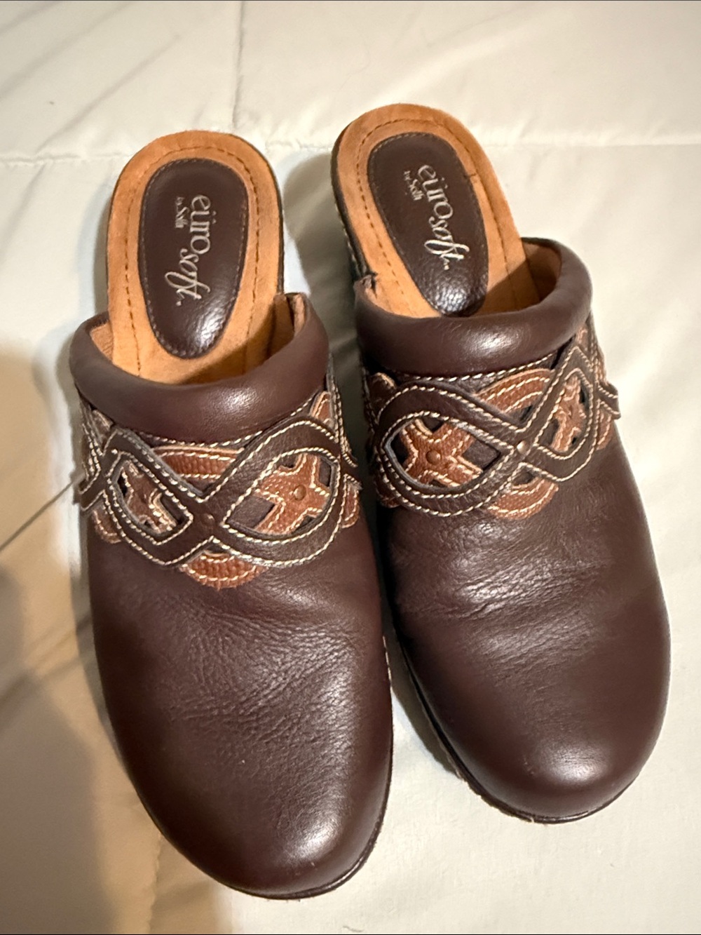 Sofft Brown Leather Embroidered Clog Mules
